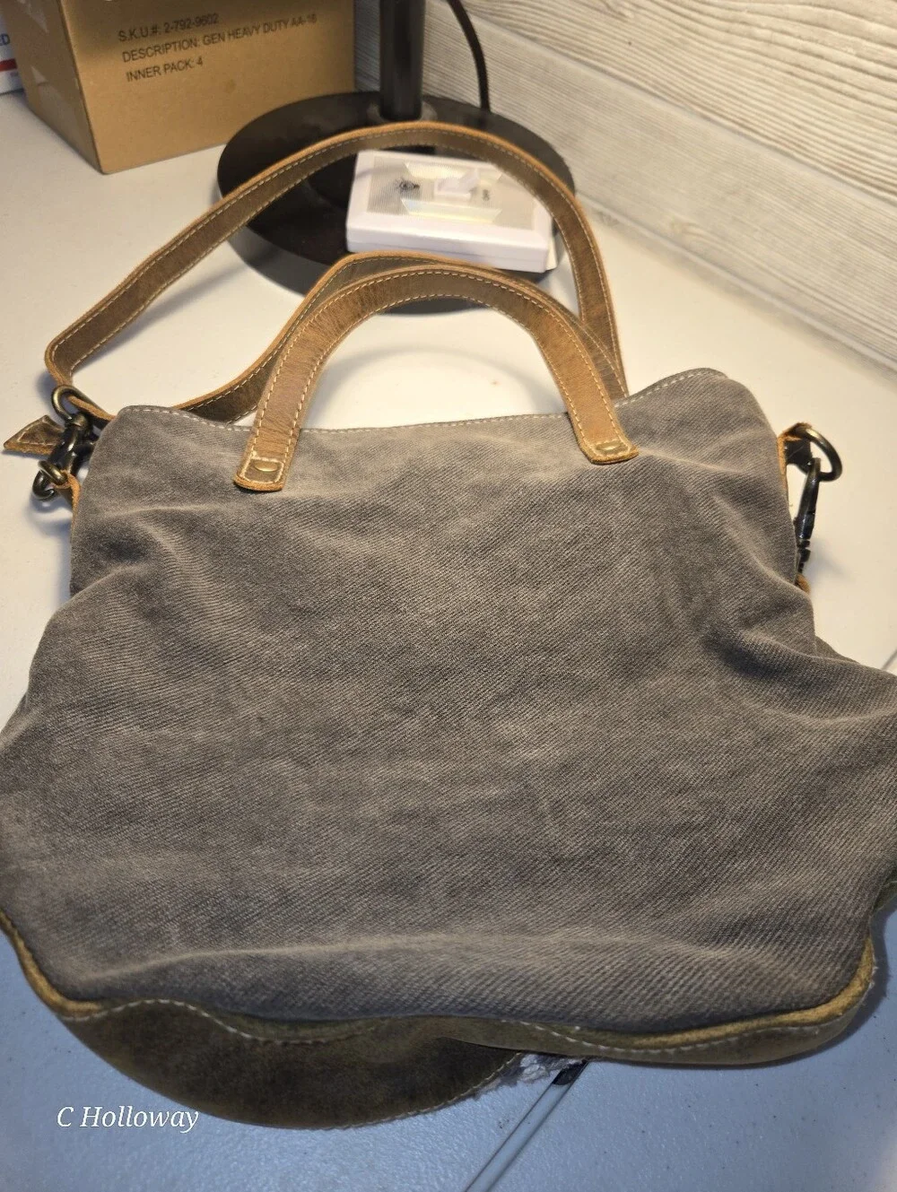 Myra Bag Grey And Cream Cotton Rug Design W/leather Trim Crossbody